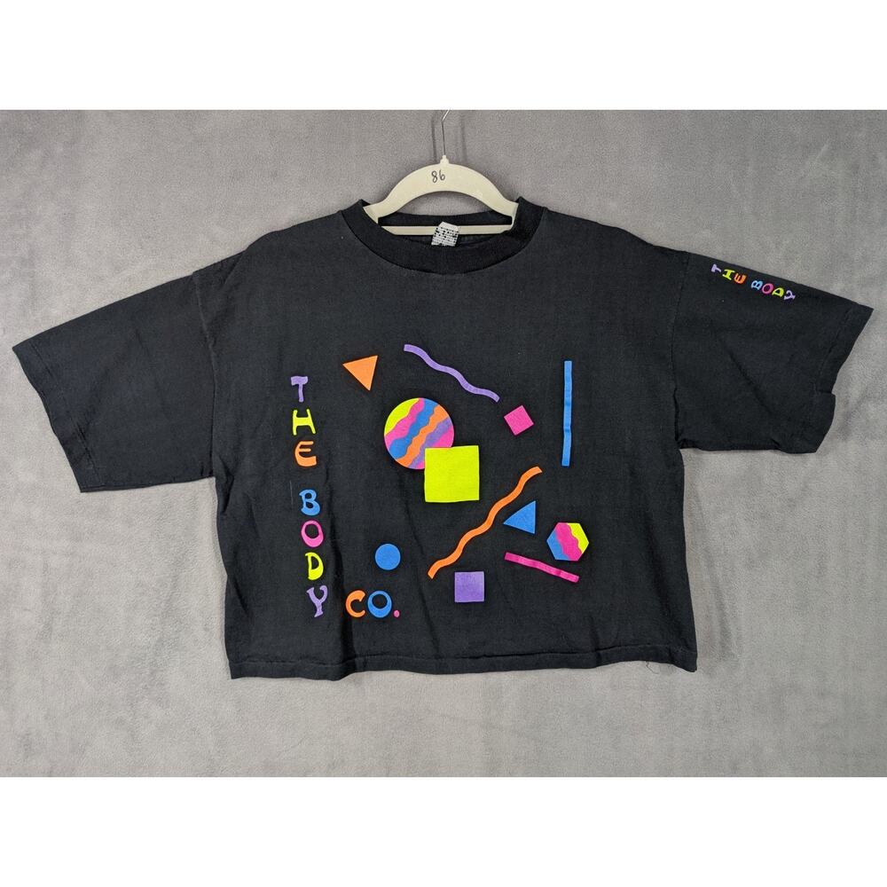 Body Co Shirt Black OS Single Stitch Surf Gym Bodybuilding Neon Retro Crop Vtg